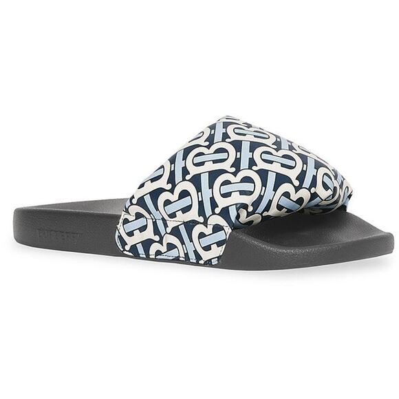 Burberry Furley Tb Flock Padded Leather Slides Navy/White - 9 - Picture 2 of 5